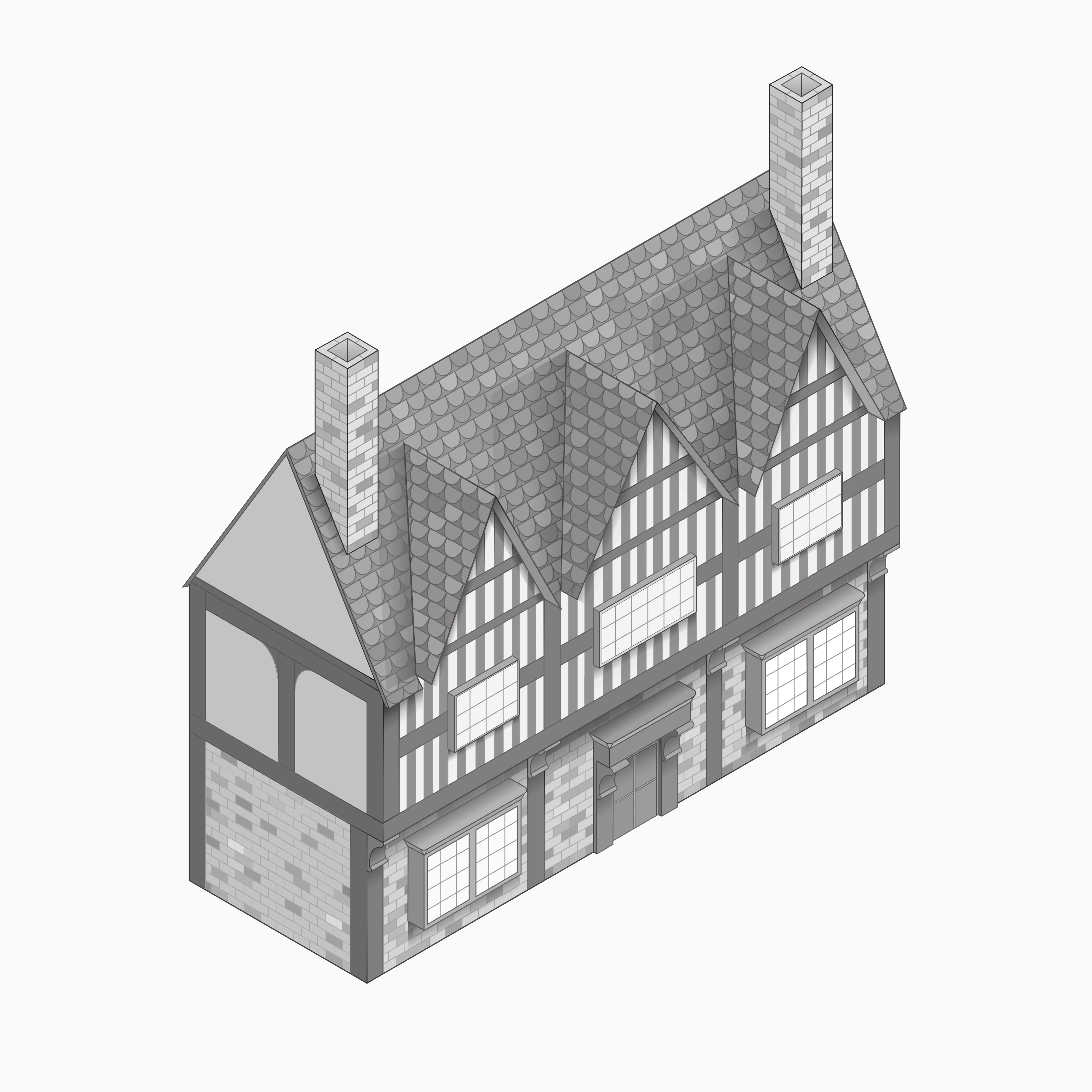 Isometric Vernacular Timber-Framed Building